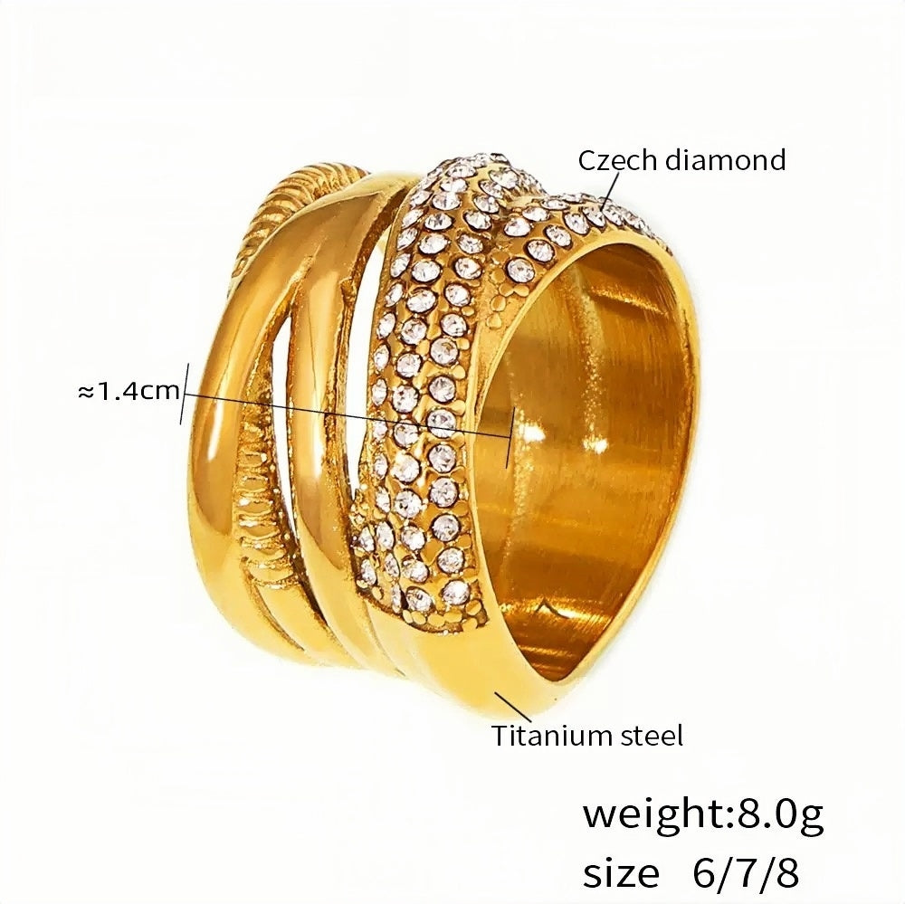 Chunky Gold Statement Ring for Women Titanium Steel Wide Band with Czech Diamond Accents, & Bold Design, Sizes 6