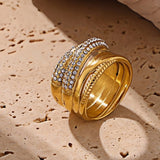 Chunky Gold Statement Ring for Women Titanium Steel Wide Band with Czech Diamond Accents, & Bold Design, Sizes 6