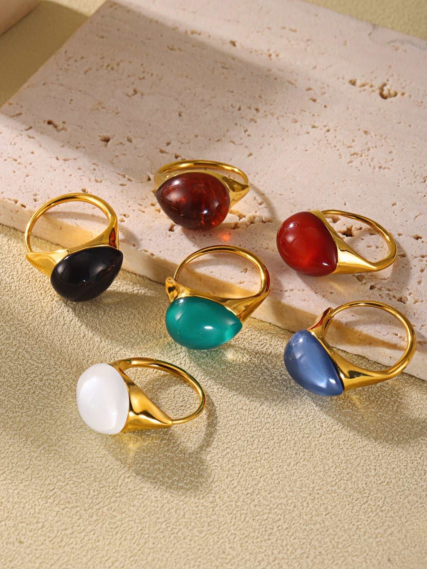 Stainless Steel Statement Ring with Teardrop White Resin - Modern Minimalist Band for Women - Size 7