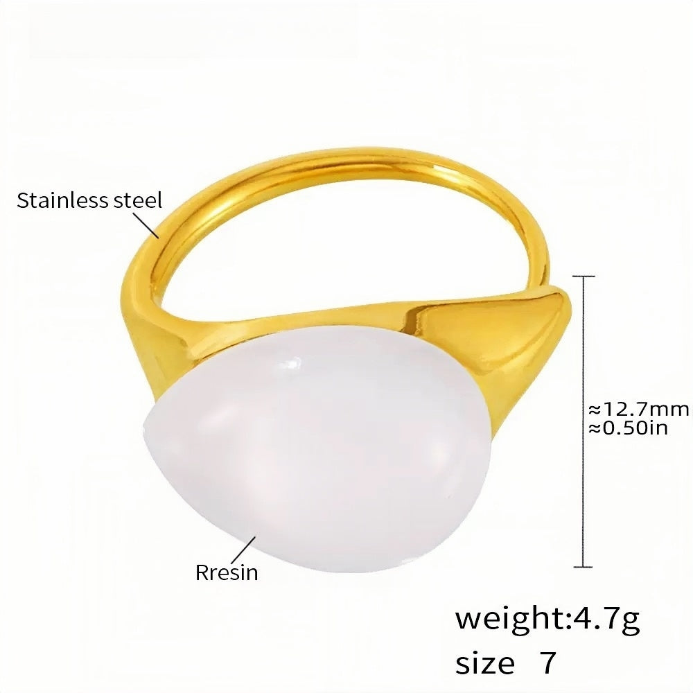 Stainless Steel Statement Ring with Teardrop White Resin - Modern Minimalist Band for Women - Size 7