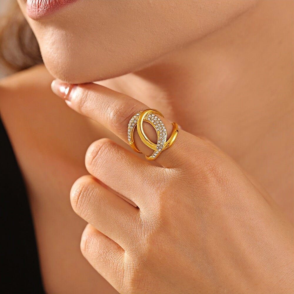 Gold Plated Titanium Steel Statement Ring with Zircon 18K Plated, Open Twist Design Sizes 6/7/8 Elegant Womens Jewelry