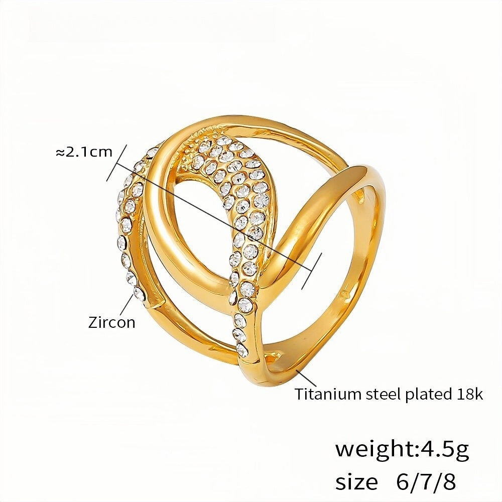 18K Gold Plated Titanium Steel Ring with Zircon Elegant Open Twist Design Sizes 8 Sparkling Women's Statement Jewelry