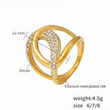 18K Gold Plated Titanium Steel Ring with Zircon Elegant Open Twist Design Sizes 8 Sparkling Women's Statement Jewelry