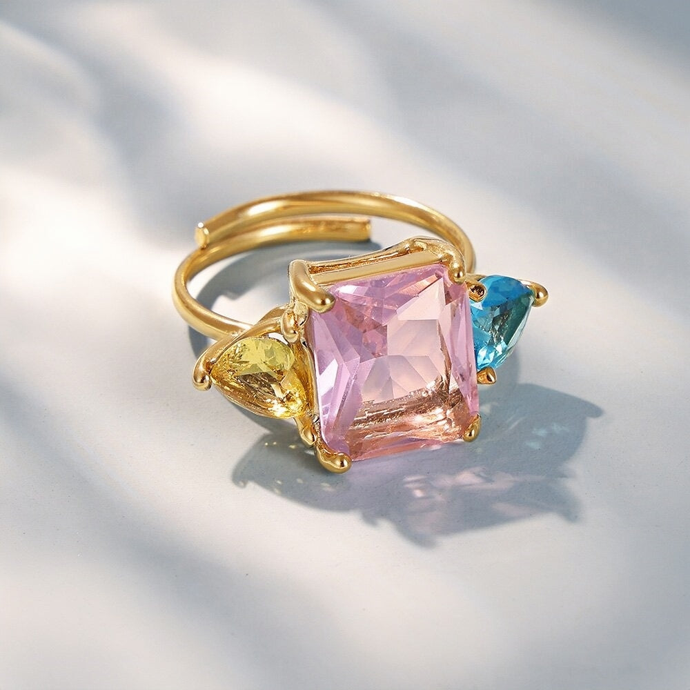 Colorful Zircon Trio Ring Adjustable Gold Titanium Steel Ring with Pink, Blue & Yellow Stones Size 7