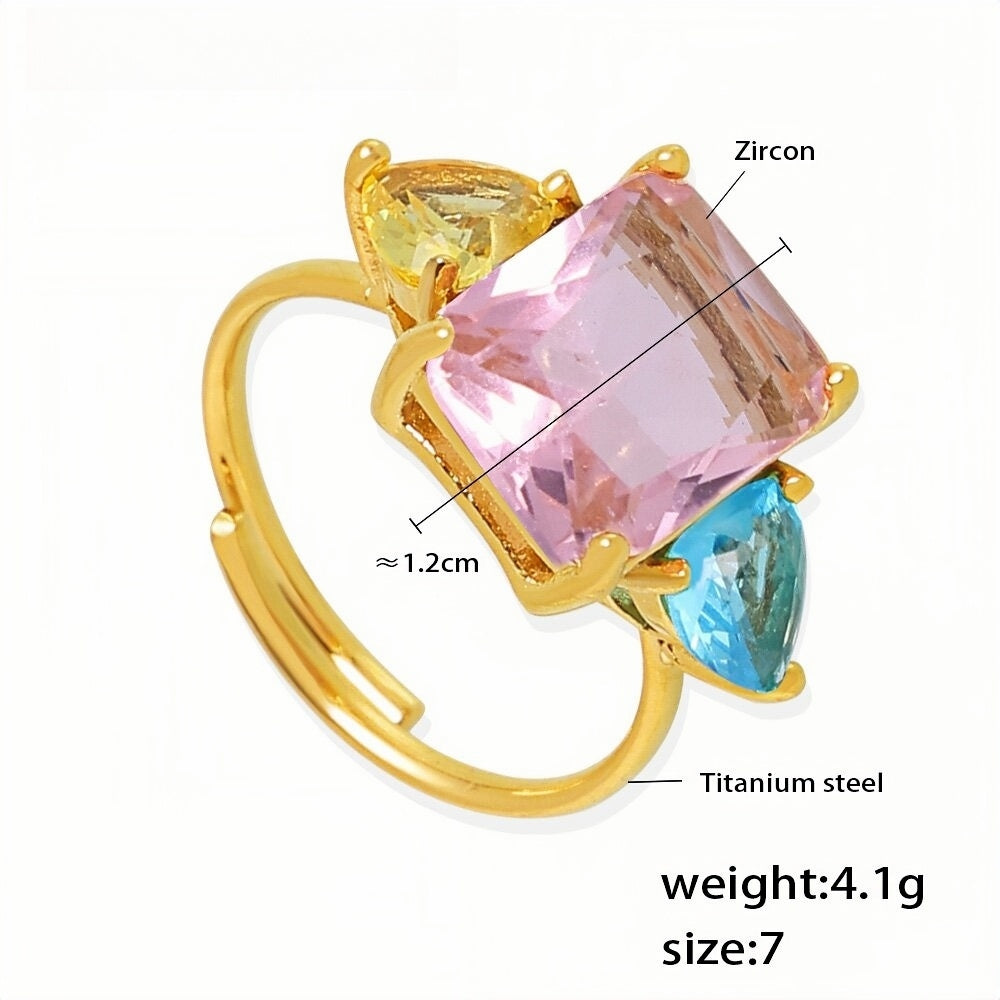 Colorful Zircon Trio Ring Adjustable Gold Titanium Steel Ring with Pink, Blue & Yellow Stones Size 7