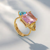 Colorful Zircon Trio Ring Adjustable Gold Titanium Steel Ring with Pink, Blue & Yellow Stones Size 7