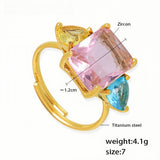 Colorful Zircon Trio Ring Adjustable Gold Titanium Steel Ring with Pink, Blue & Yellow Stones Size 7