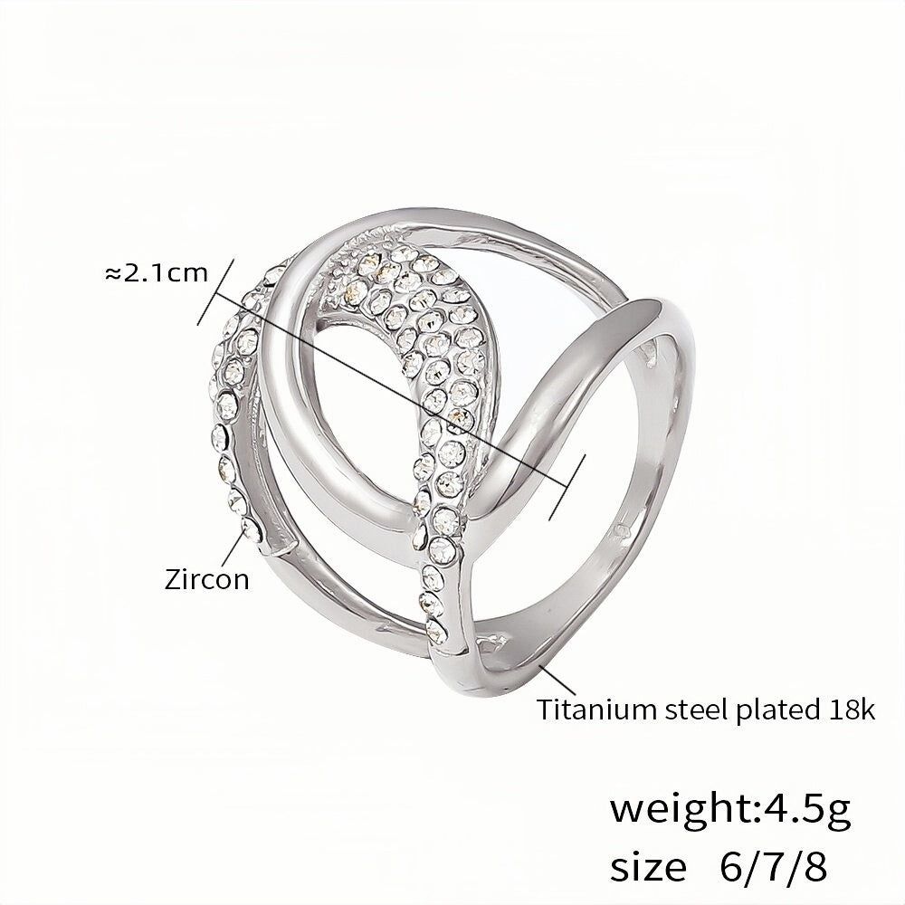 18K White Gold Plated Titanium Steel Ring with Zircon Modern Open Twist Design Women's Ring, Sizes 7