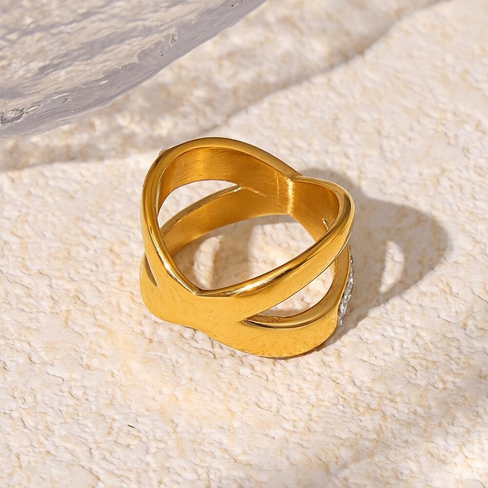 Criss-Cross Gold Statement Ring Titanium Steel with Czech Diamonds Elegant Crossover Design, Sizes 6