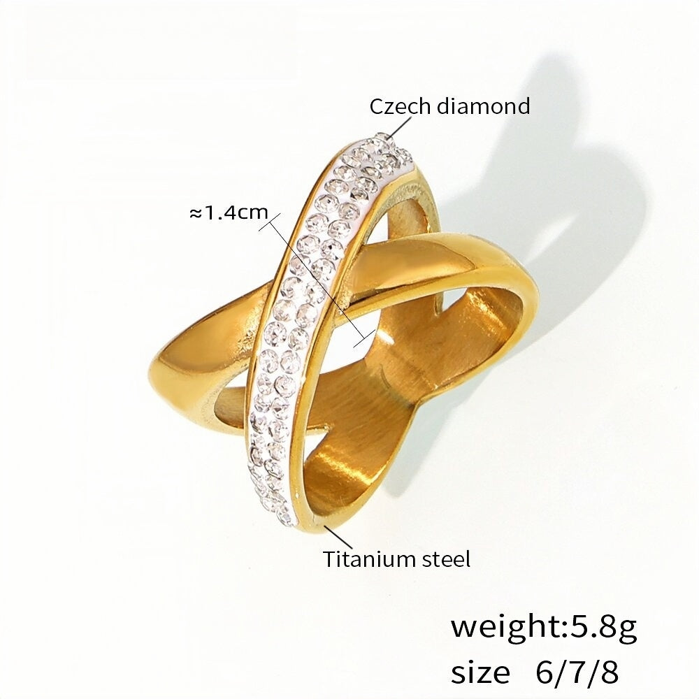 Criss-Cross Gold Statement Ring Titanium Steel with Czech Diamonds Elegant Crossover Design, Sizes 7