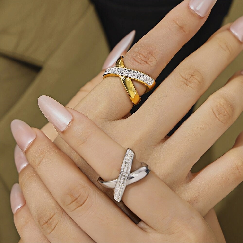 Criss-Cross Silver Statement Ring Titanium Steel with Czech Diamonds Elegant Crossover Design, Sizes 6