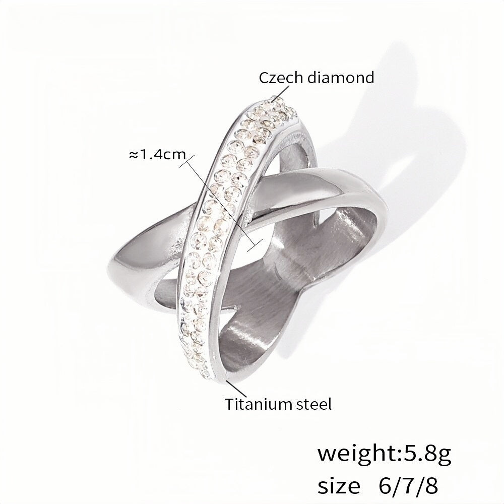 Criss-Cross Silver Statement Ring Titanium Steel with Czech Diamonds Elegant Crossover Design, Sizes 6