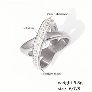 Criss-Cross Silver Statement Ring Titanium Steel with Czech Diamonds Elegant Crossover Design, Sizes 8