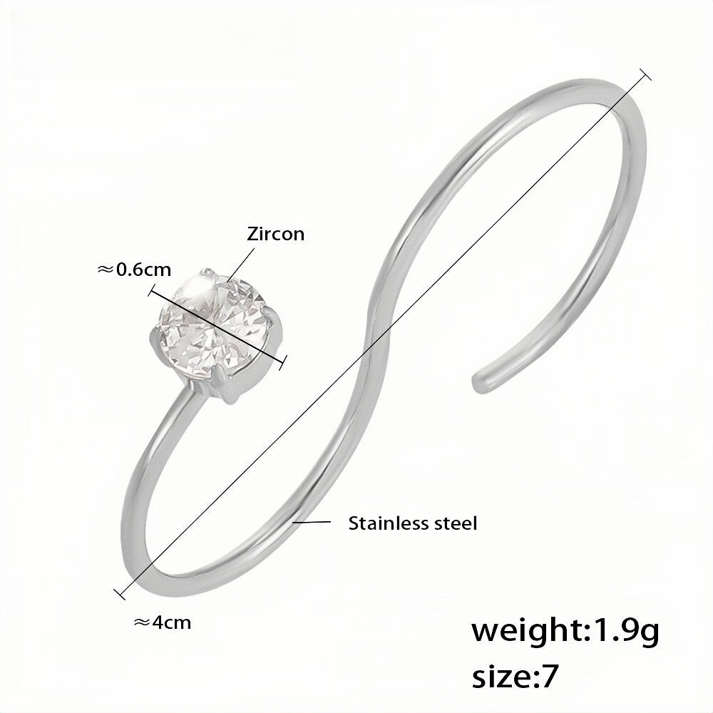 Minimalist Silver Open Ring for Women Elegant Stainless Steel Band with Sparkling Zircon Stone, Adjustable Size 7, Lightweight 