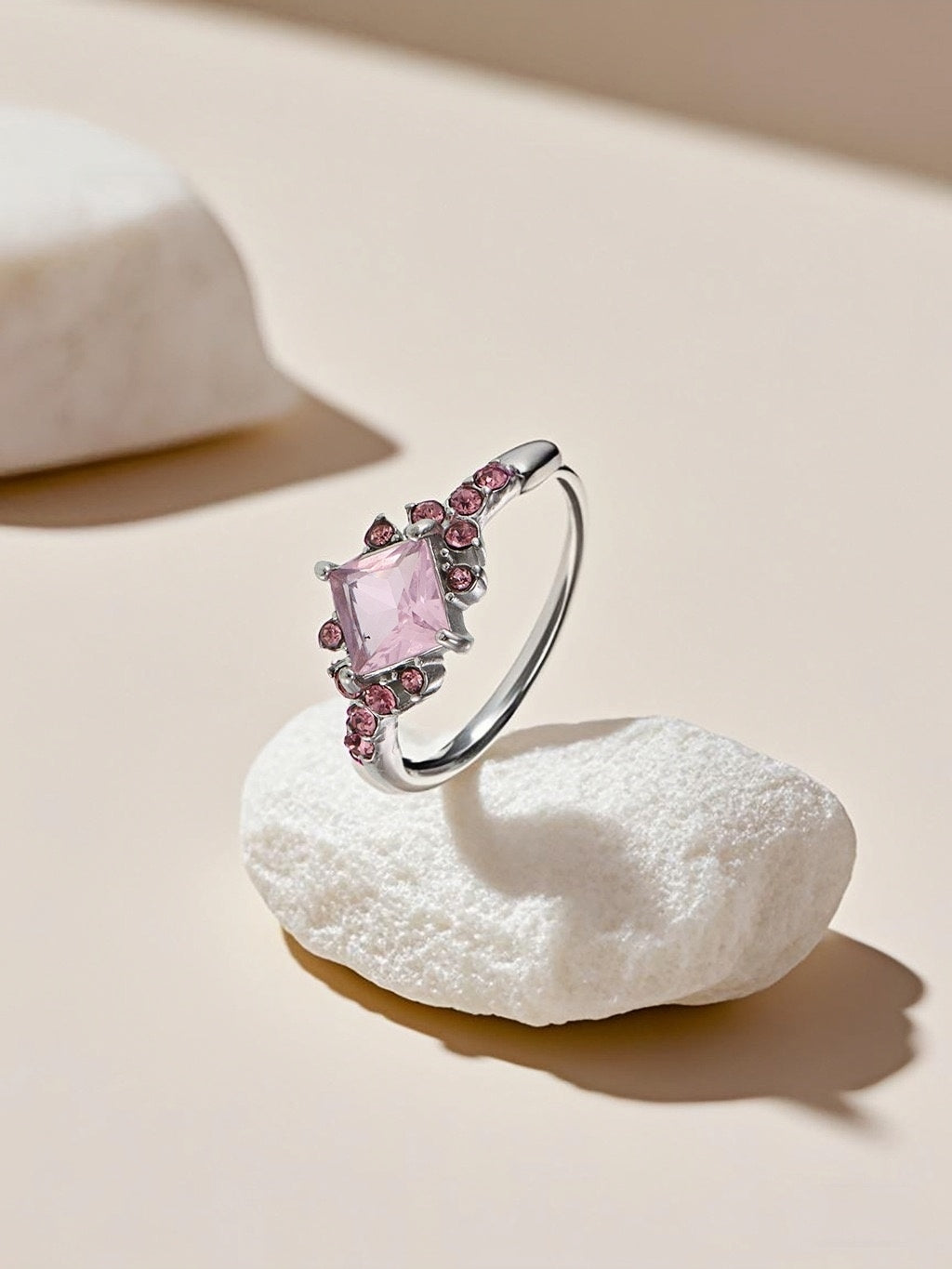 Stainless Steel Cocktail Ring with Square Pink Zircon and Accents - Elegant Statement Ring for Women - Size 7 (Silver Tone)