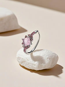 Stainless Steel Cocktail Ring with Square Pink Zircon and Accents - Elegant Statement Ring for Women - Size 7 (Silver Tone)