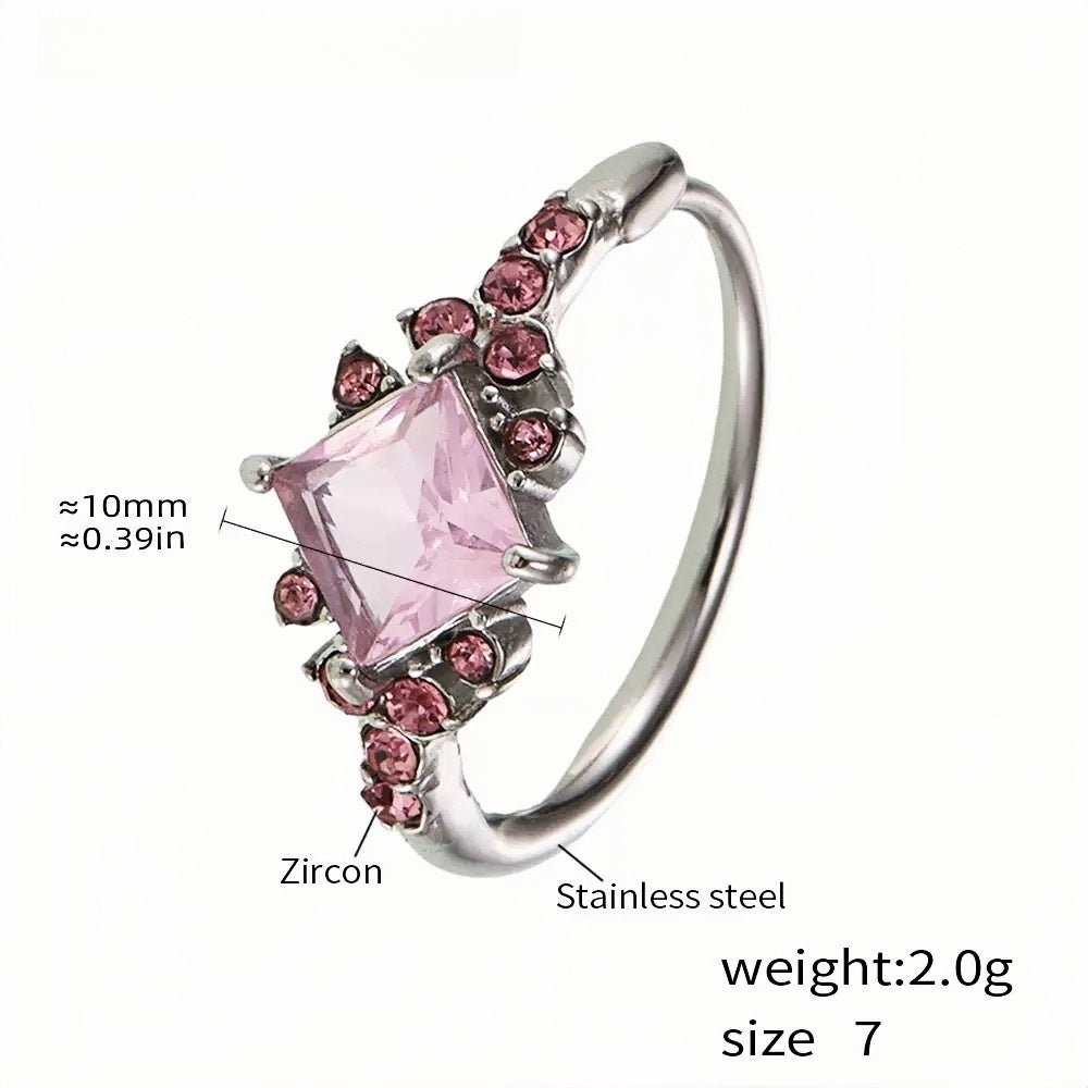 Stainless Steel Cocktail Ring with Square Pink Zircon and Accents - Elegant Statement Ring for Women - Size 7 (Silver Tone)