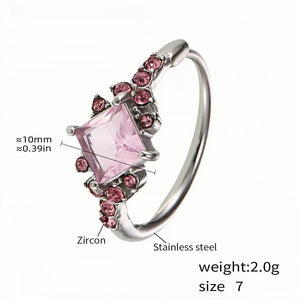 Stainless Steel Cocktail Ring with Square Pink Zircon and Accents - Elegant Statement Ring for Women - Size 7 (Silver Tone)
