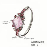 Stainless Steel Cocktail Ring with Square Pink Zircon and Accents - Elegant Statement Ring for Women - Size 7 (Silver Tone)