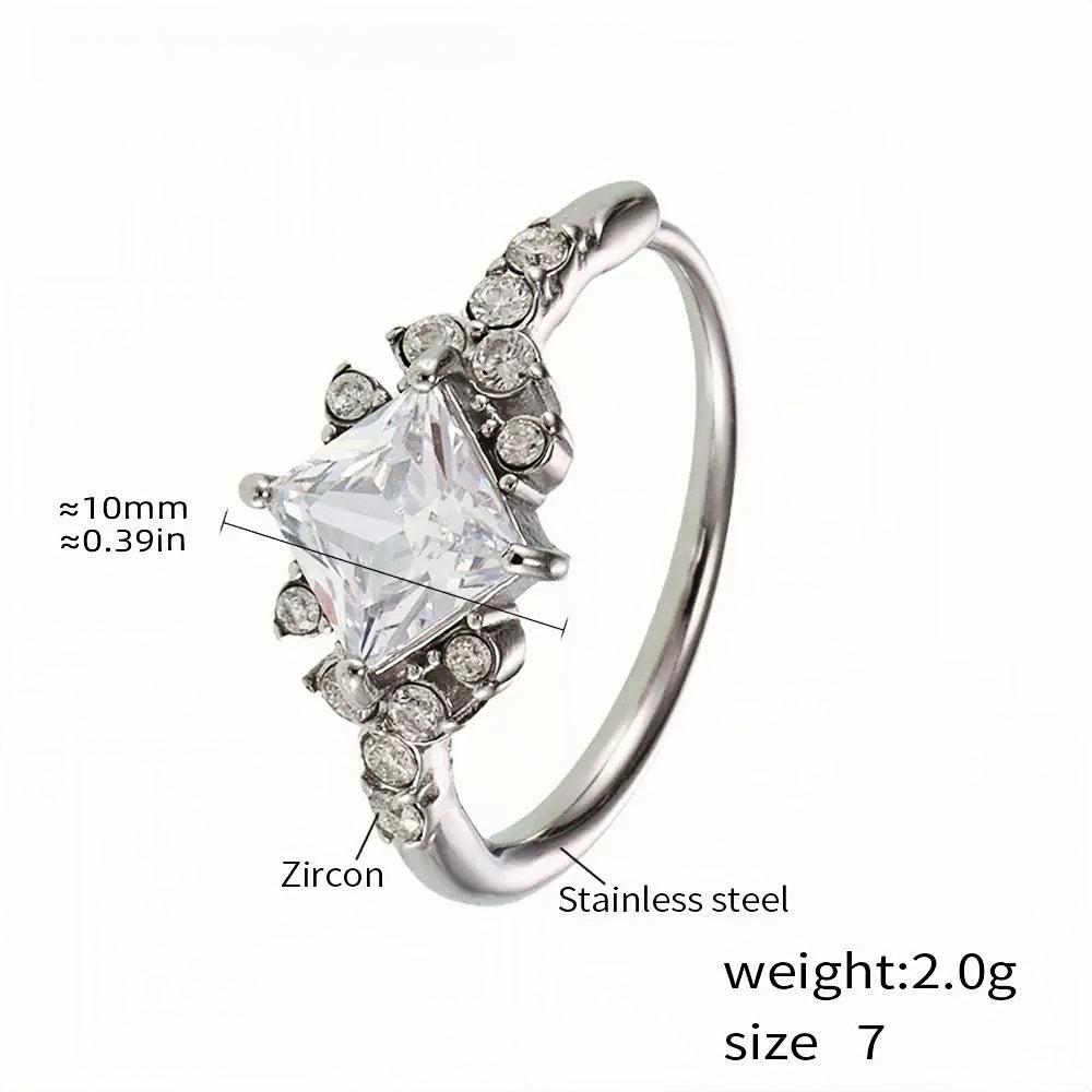 Stainless Steel Cocktail Ring with Square Clear Zircon and Accents - Elegant Statement Ring for Women - Size 7 (Silver Tone)