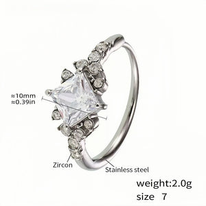 Stainless Steel Cocktail Ring with Square Clear Zircon and Accents - Elegant Statement Ring for Women - Size 7 (Silver Tone)