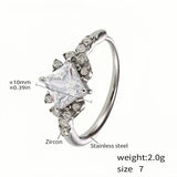 Stainless Steel Cocktail Ring with Square Clear Zircon and Accents - Elegant Statement Ring for Women - Size 7 (Silver Tone)