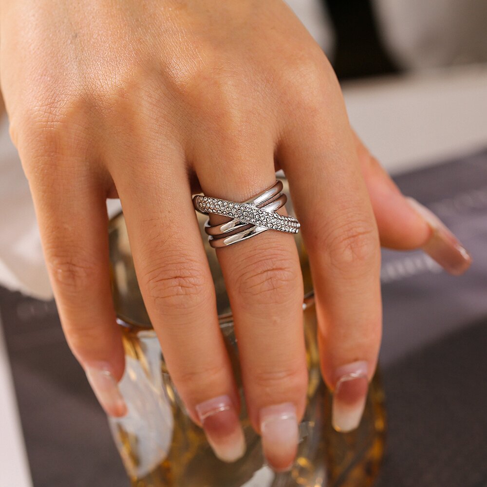 Silver Stainless Steel Crisscross Ring for Women Czech Diamond Embellishments, Elegant Statement, Size 6