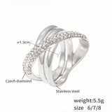 Silver Stainless Steel Crisscross Ring for Women Czech Diamond Embellishments, Elegant Statement, Size 6