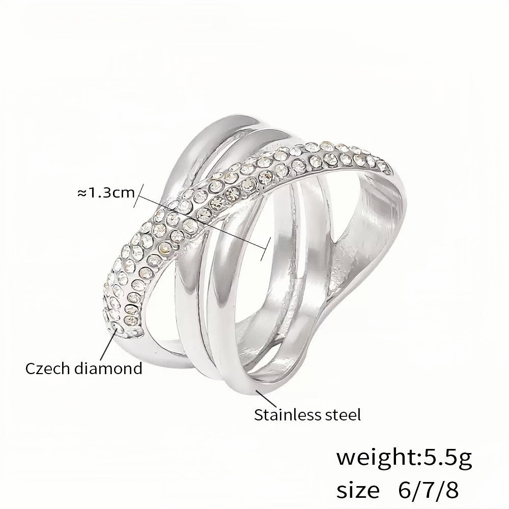 Silver Stainless Steel Crisscross Ring for Women Czech Diamond Embellishments, Elegant Statement, Size 8