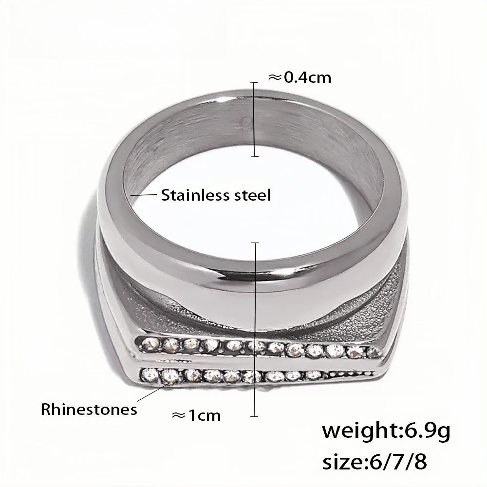 Uworld Stainless Steel Open Ring with Micro Pave Rhinestones - Chunky Silver Tone Statement Band for Women - Sizes 8