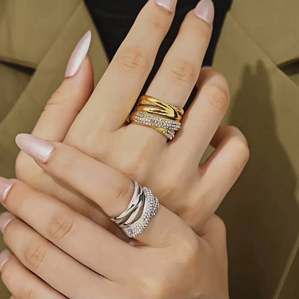 Chunky Silver Statement Ring for Women Titanium Steel Wide Band with Czech Diamond Crystals, Elegant & , Sizes 6