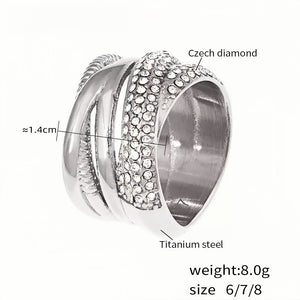 Chunky Silver Statement Ring for Women Titanium Steel Wide Band with Czech Diamond Crystals, Elegant & , Sizes 6