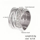 Chunky Silver Statement Ring for Women Titanium Steel Wide Band with Czech Diamond Crystals, Elegant & , Sizes 6
