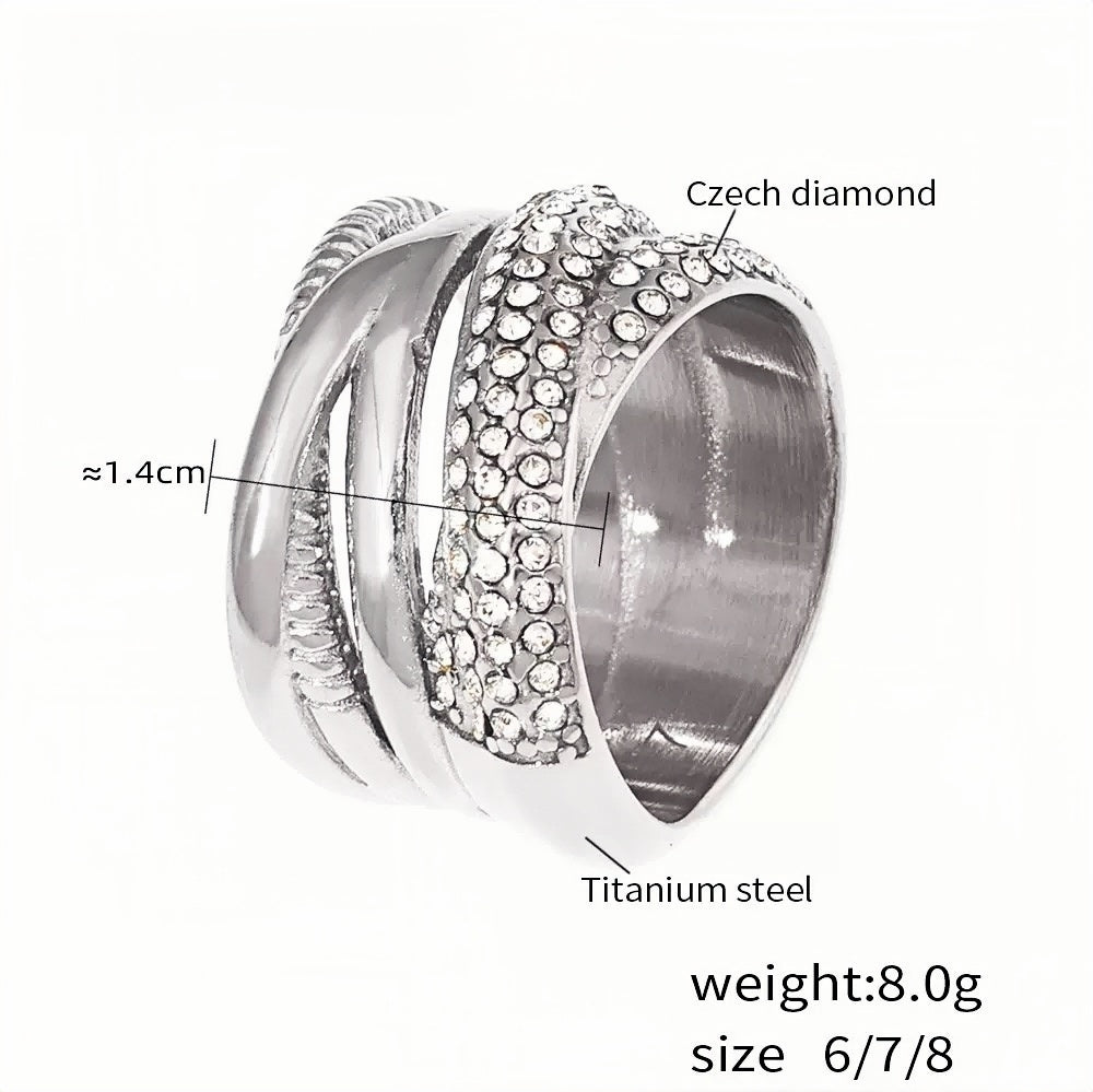 Chunky Silver Statement Ring for Women Titanium Steel Wide Band with Czech Diamond Crystals, Elegant & , Sizes 7