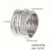 Chunky Silver Statement Ring for Women Titanium Steel Wide Band with Czech Diamond Crystals, Elegant & , Sizes 8