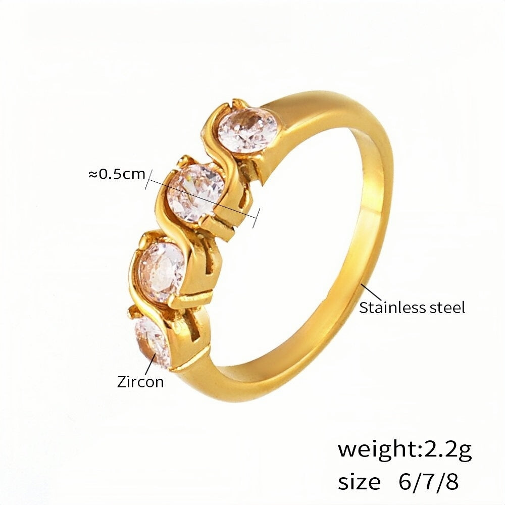 Gold Plated Stainless Steel Ring with Multiple Zircon Stones Elegant Women's Band, Sizes 7