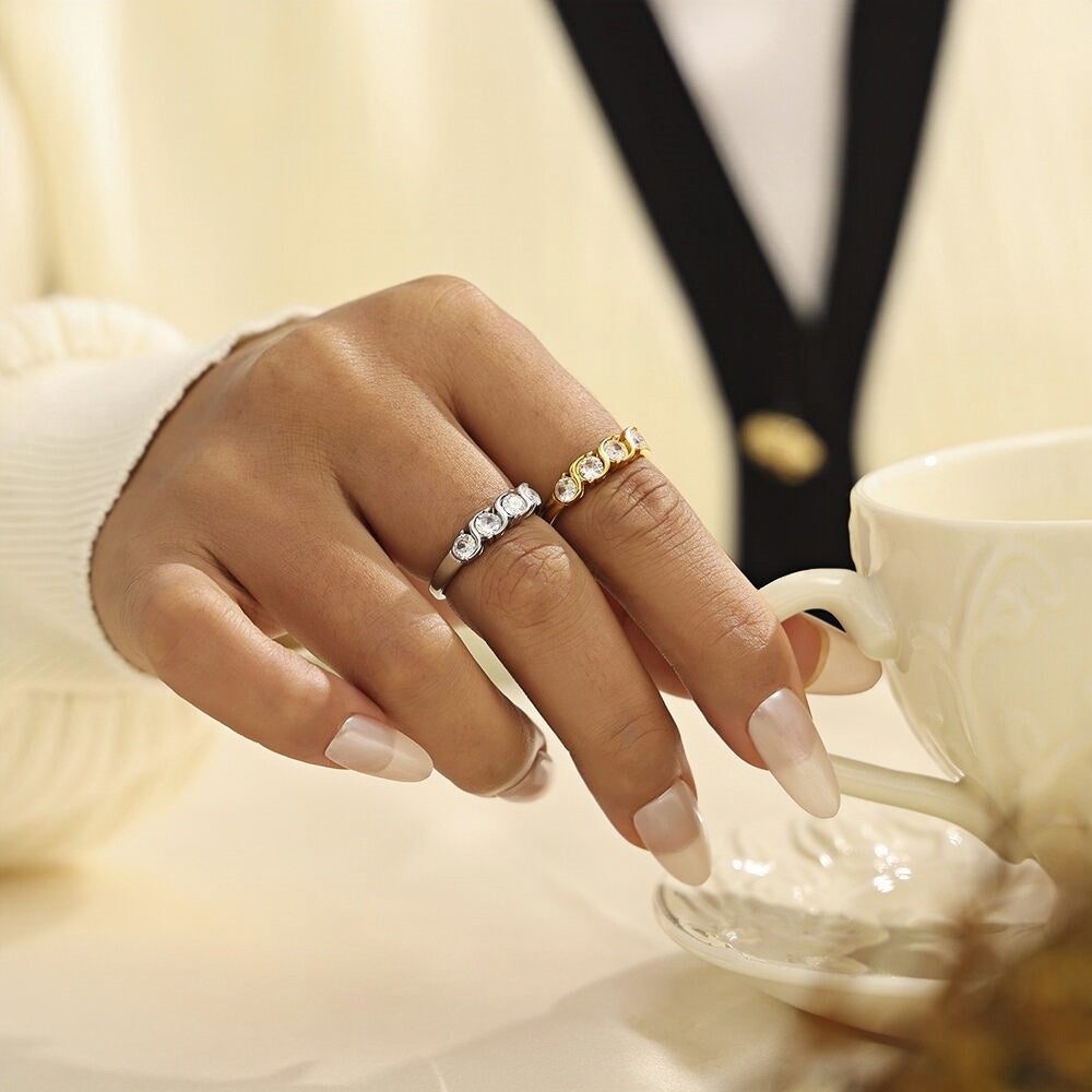 Silver Stainless Steel Ring with Zircon Stones Elegant Womens Multi-Stone Band, Sizes 6