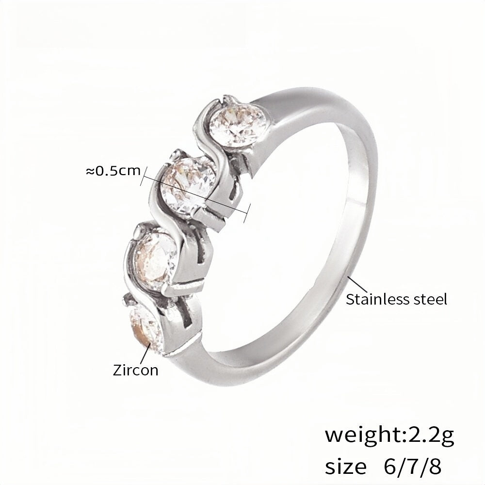 Silver Stainless Steel Ring with Zircon Stones Elegant Womens Multi-Stone Band, Sizes 8