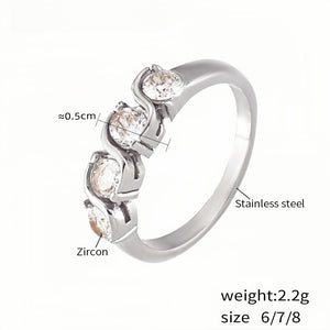 Silver Stainless Steel Ring with Zircon Stones Elegant Womens Multi-Stone Band, Sizes 8