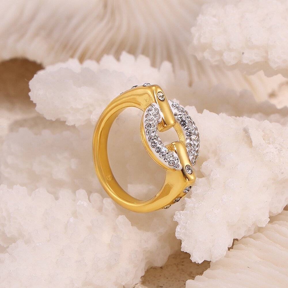 Gold Titanium Steel Ring for Women Circular Rhinestone Accent Band, Luxury Sparkling Statement Ring, Sizes 6