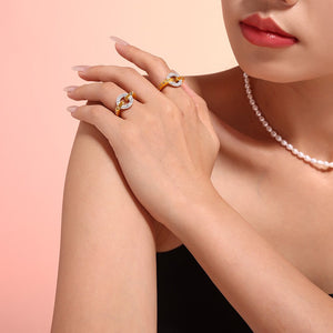 Gold Titanium Steel Ring for Women Circular Rhinestone Accent Band, Luxury Sparkling Statement Ring, Sizes 6