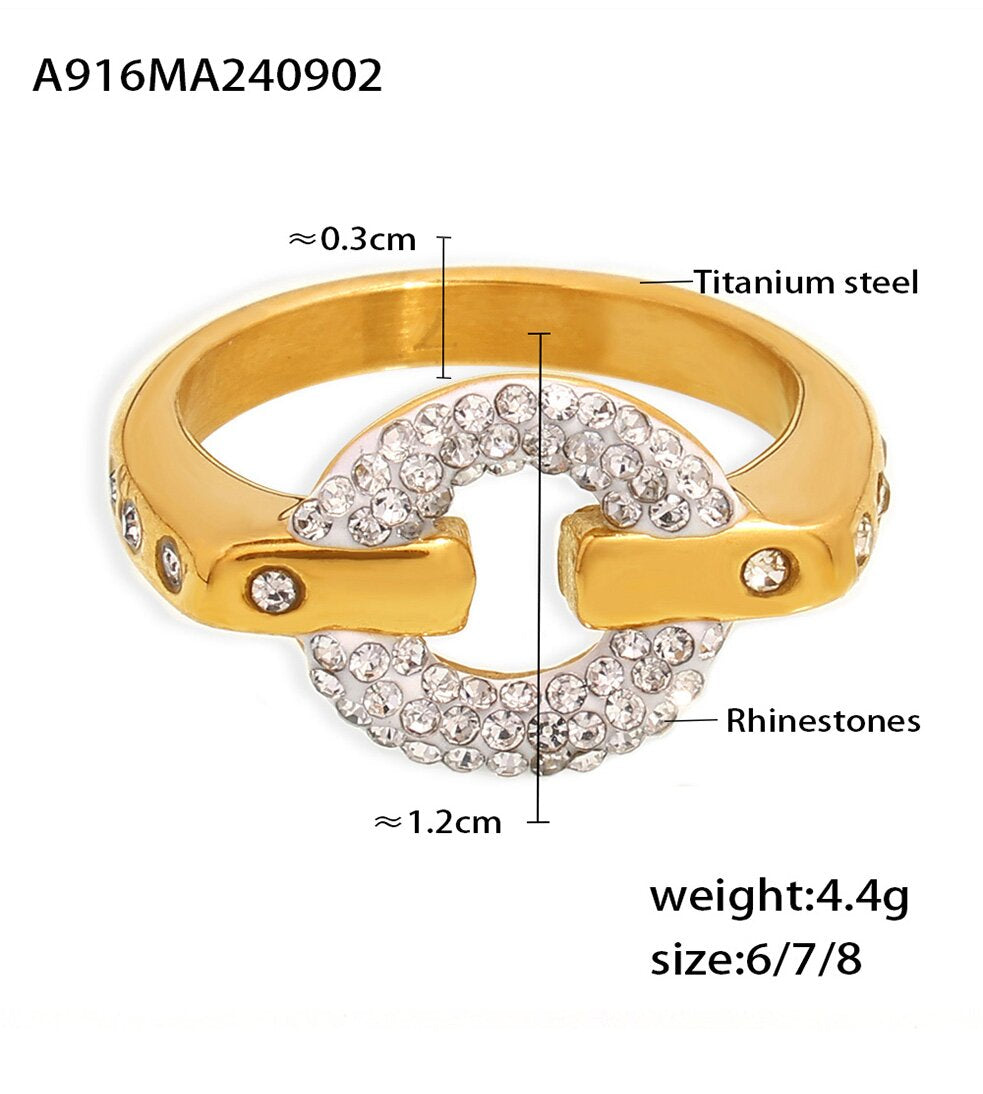 Gold Titanium Steel Ring for Women Circular Rhinestone Accent Band, Luxury Sparkling Statement Ring, Sizes 8