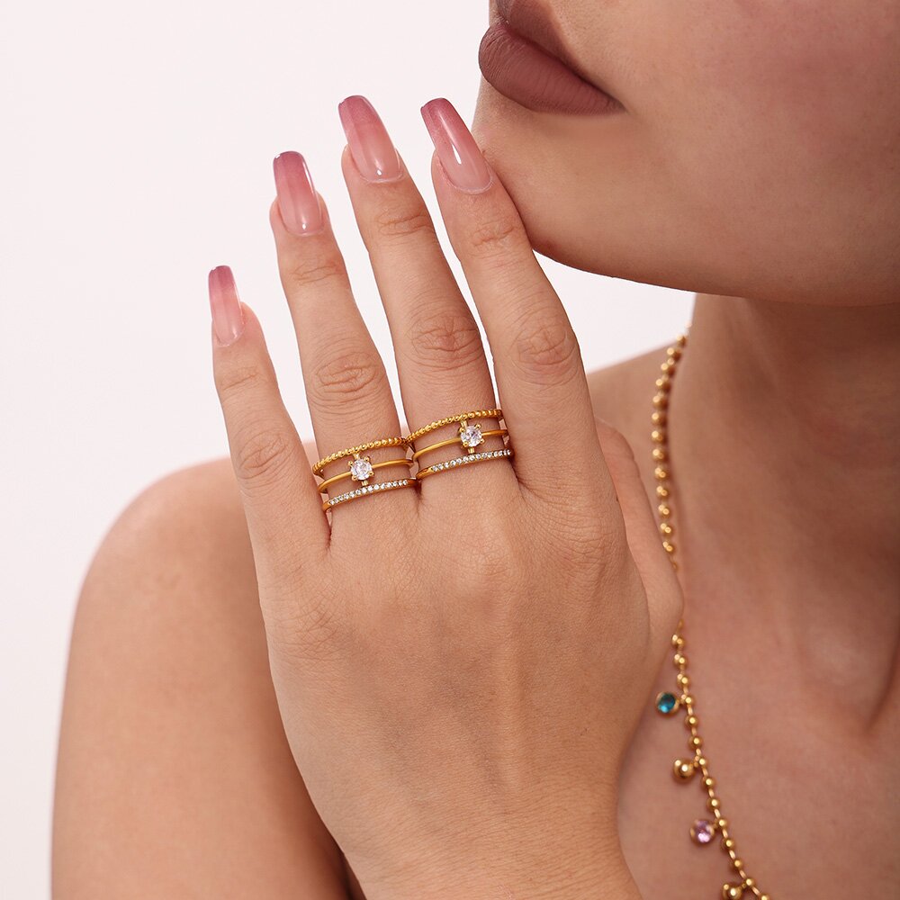 Gold Plated Stainless Steel Open Ring with Zircon Crystals Adjustable Band Fashion Ring for Women, Size 7