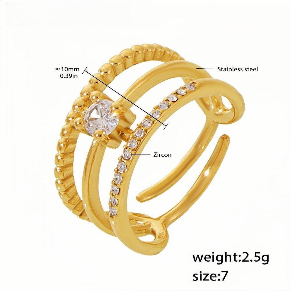 Gold Plated Stainless Steel Open Ring with Zircon Crystals Adjustable Band Fashion Ring for Women, Size 7