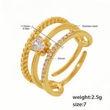 Gold Plated Stainless Steel Open Ring with Zircon Crystals Adjustable Band Fashion Ring for Women, Size 7