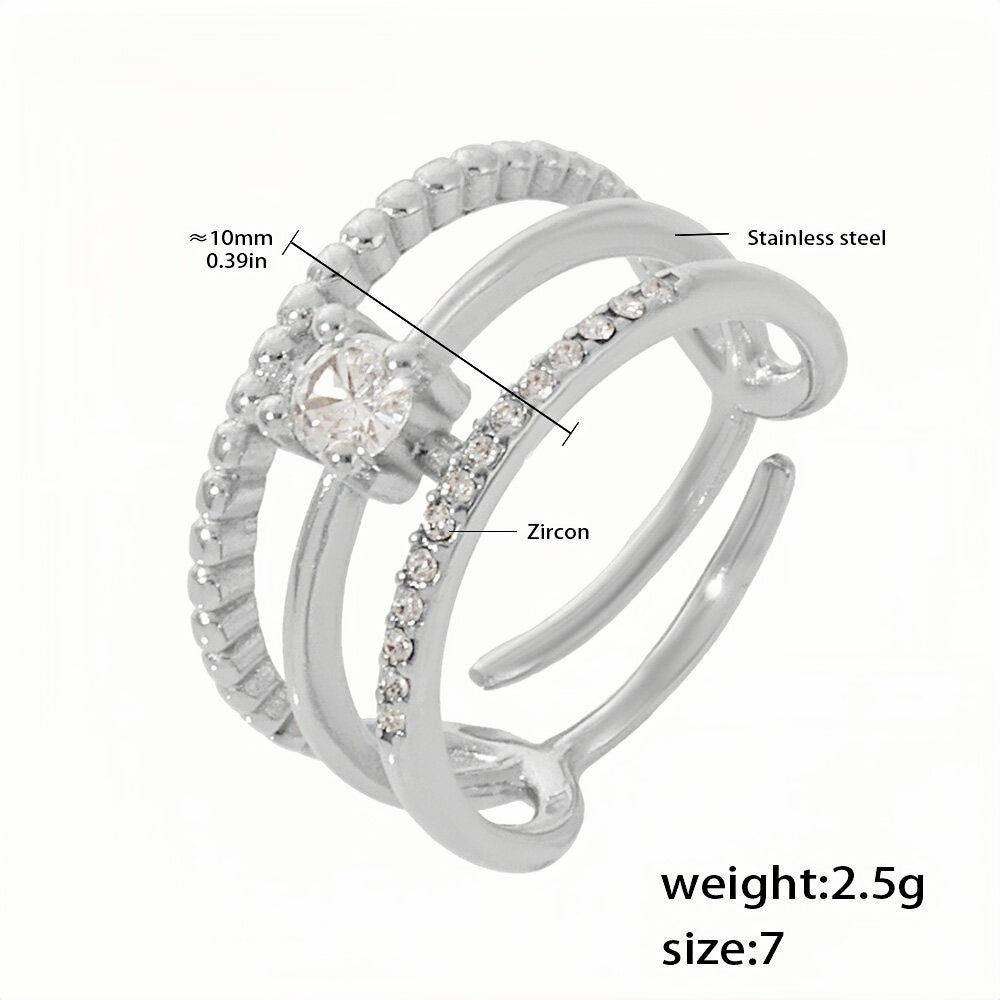 Silver Stainless Steel Open Ring for Women Triple Band Adjustable Ring with Zircon Accents, Size 7