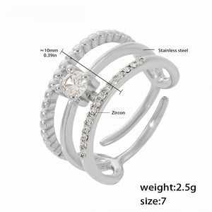 Silver Stainless Steel Open Ring for Women Triple Band Adjustable Ring with Zircon Accents, Size 7