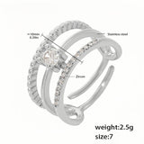 Silver Stainless Steel Open Ring for Women Triple Band Adjustable Ring with Zircon Accents, Size 7