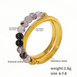 Gold Stainless Steel Beaded Ring Natural Black & White Stone Beads Modern Boho Style, Sizes 6