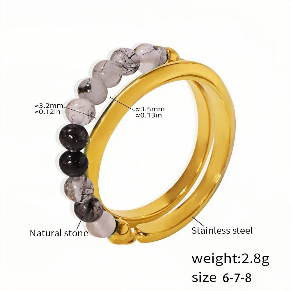 Gold Stainless Steel Beaded Ring Natural Black & White Stone Beads Modern Boho Style, Sizes 8